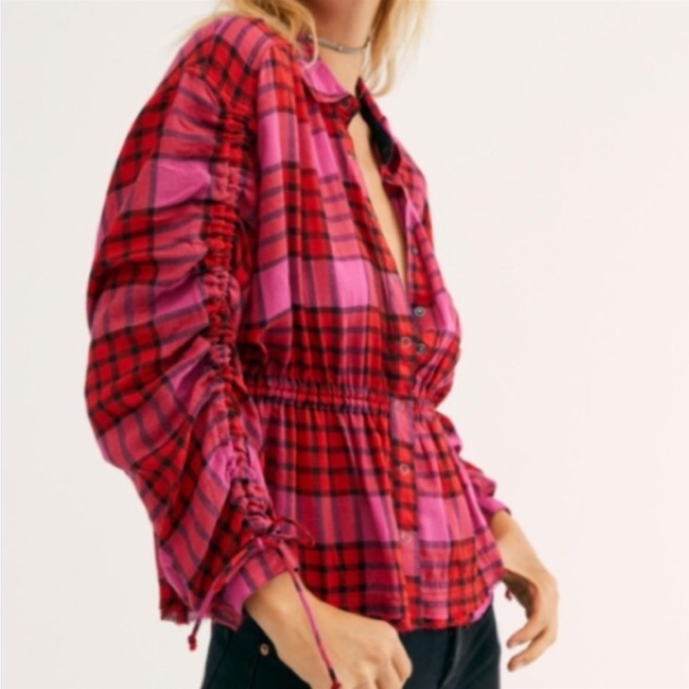 NWT Free People Red Combo Plaid Shirt